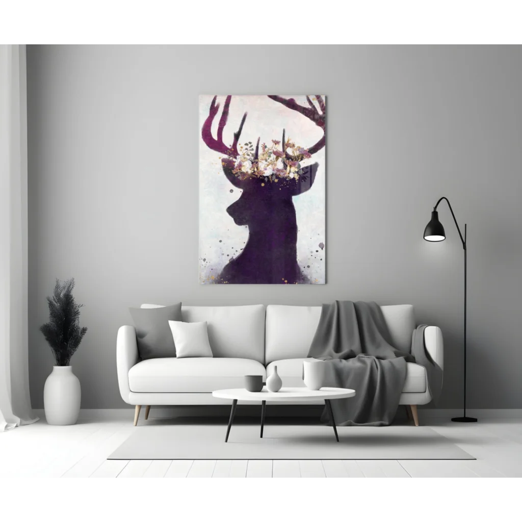 Majestic purple deer floral crown wall art canvas print with splatters