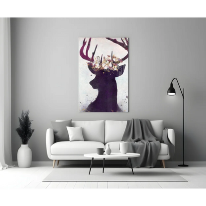Majestic purple deer floral crown wall art canvas print with splatters
