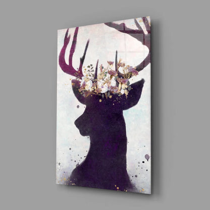 Majestic purple deer floral crown wall art canvas print with gold splatters