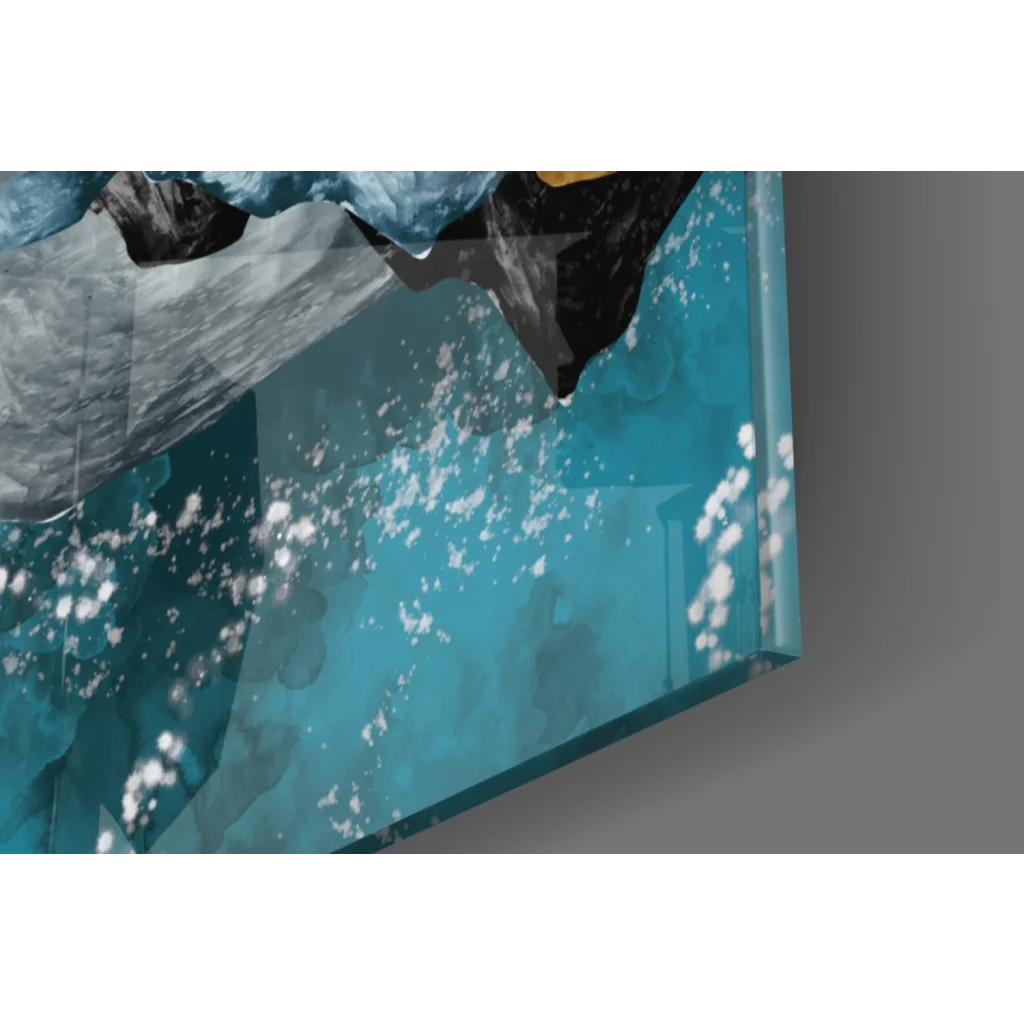 Teal wave glass wall art with turquoise black design and white speckles