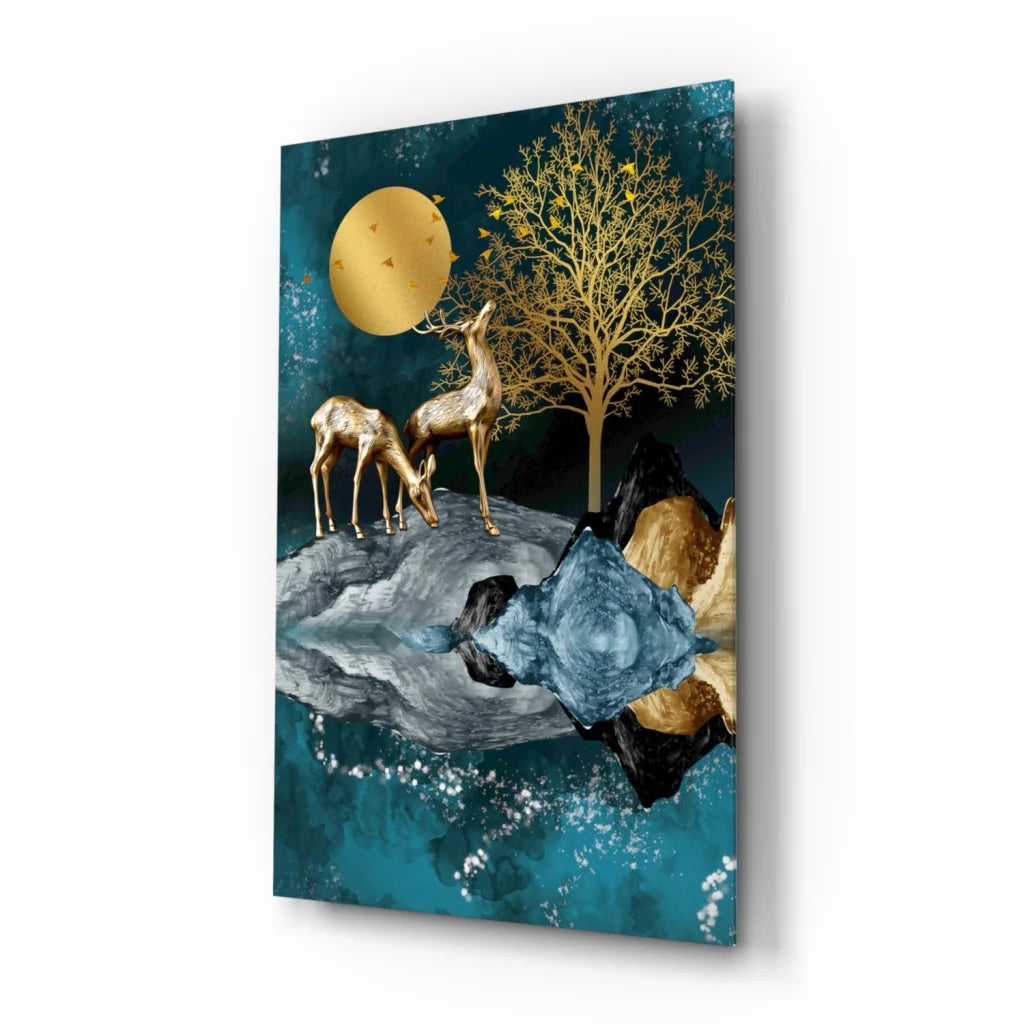 Golden deer moon glass wall art with teal forest scene