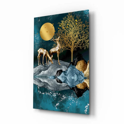 Golden deer moon glass wall art with teal forest scene