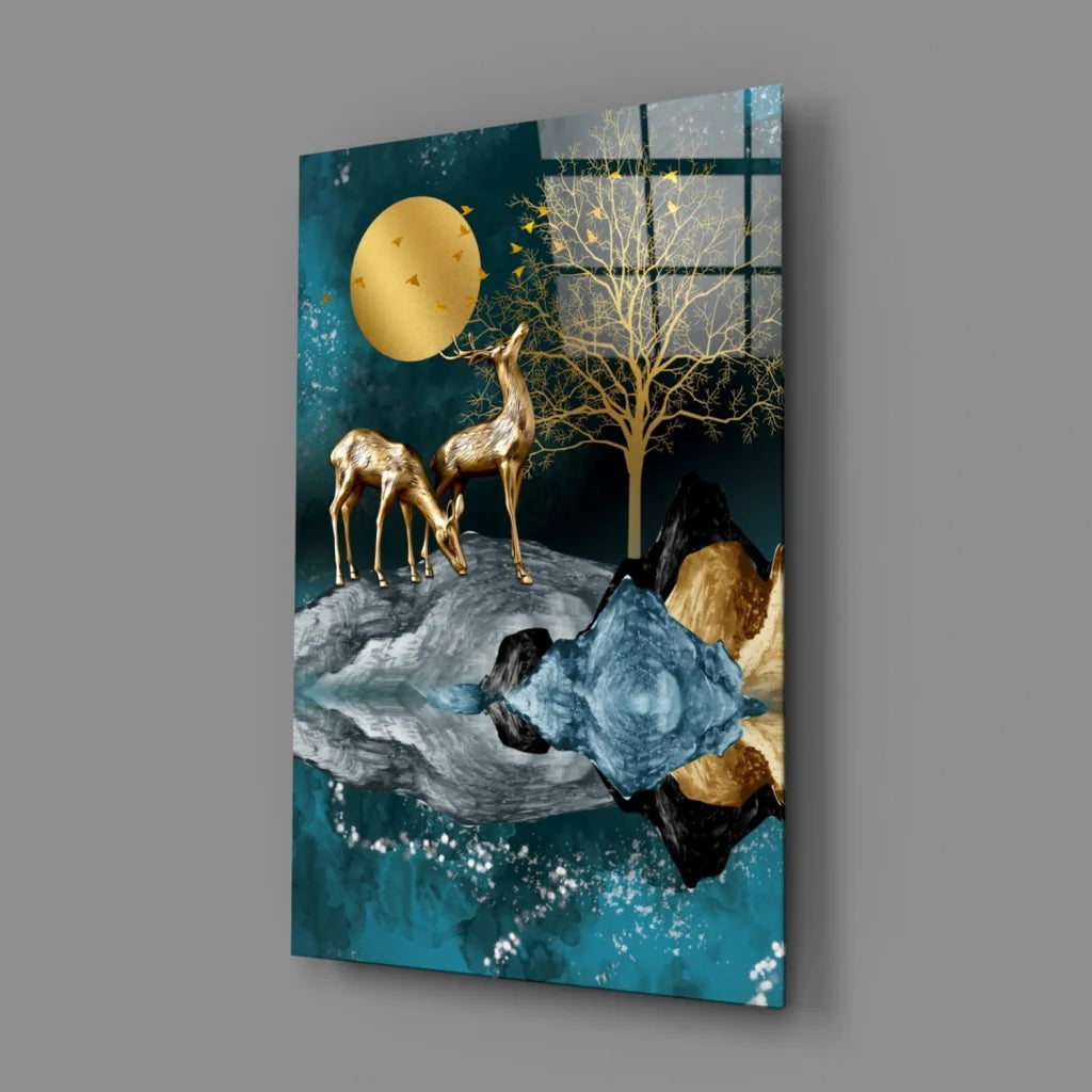 Golden deer moon teal forest canvas wall art with reflective water