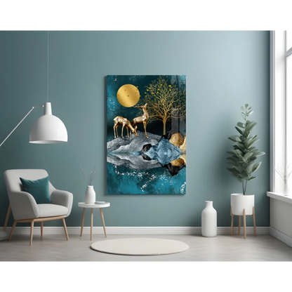 Golden deer moon canvas wall art with teal forest scene
