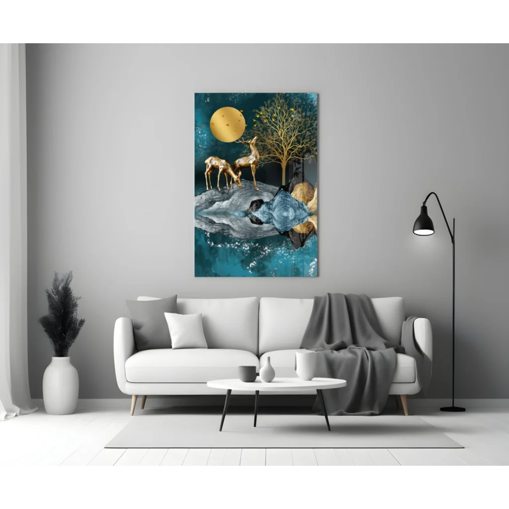 Golden deer under full moon on teal forest canvas wall art