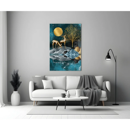Golden deer under full moon on teal forest canvas wall art