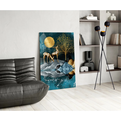 Golden deer moon wall art canvas with teal forest scene