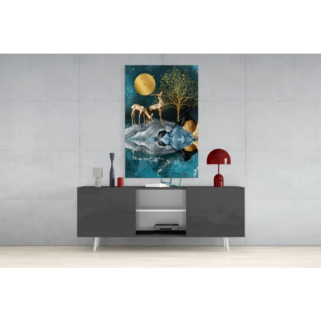 Vibrant golden deer moon teal forest glass wall art