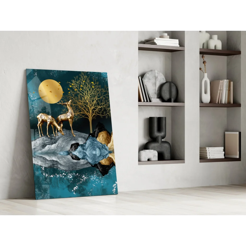 Golden deer moon canvas wall art with teal forest scene