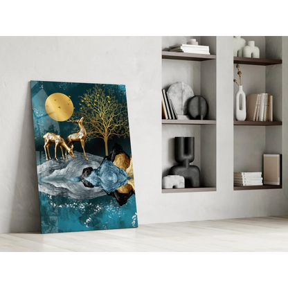 Golden deer moon canvas wall art with teal forest scene
