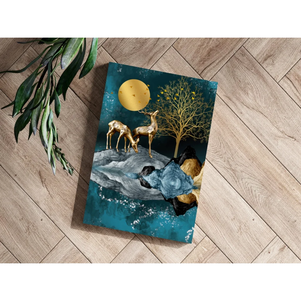 Teal and gold abstract Golden Deer Moonlight Insigne Aluminum Print