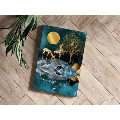 Teal and gold abstract Golden Deer Moonlight Insigne Aluminum Print