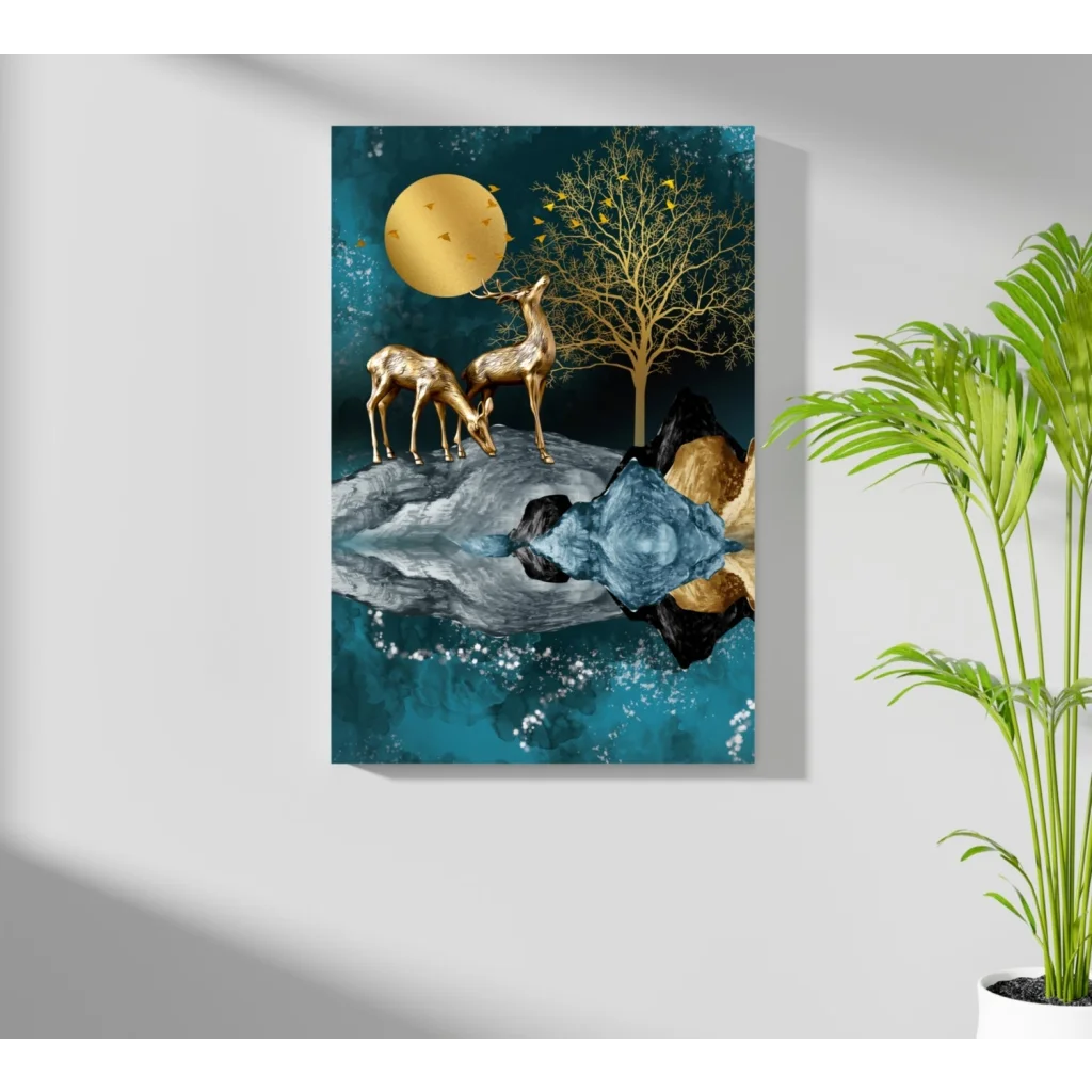 Golden deer on teal canvas aluminum print by Insigne Aluminum