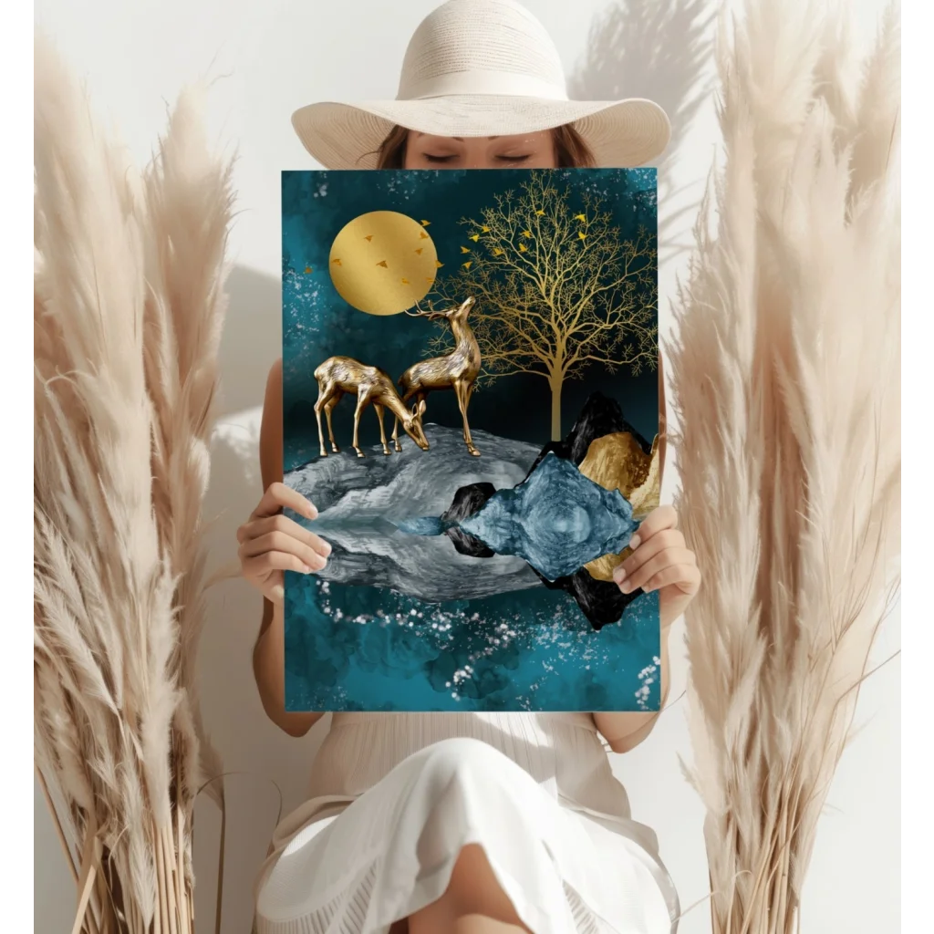 Golden Deer Moonlight Insigne Aluminum Print with surreal teal scene