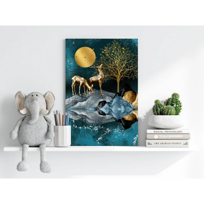 Golden Deer Moonlight Insigne Aluminum Print on teal background