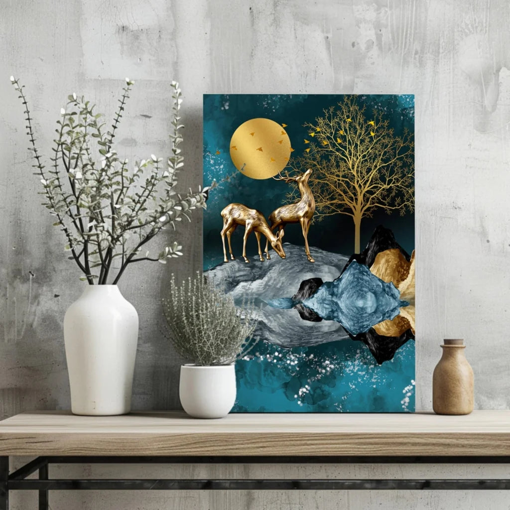Golden deer under gold moon on teal, Insigne aluminum print