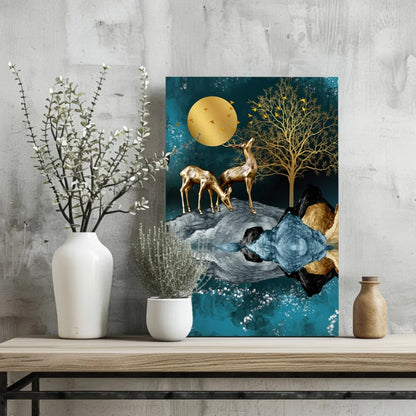 Golden deer under gold moon on teal, Insigne aluminum print