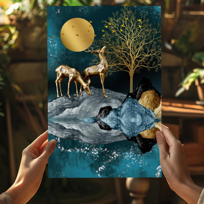 Golden deer under moon on insigne aluminum print