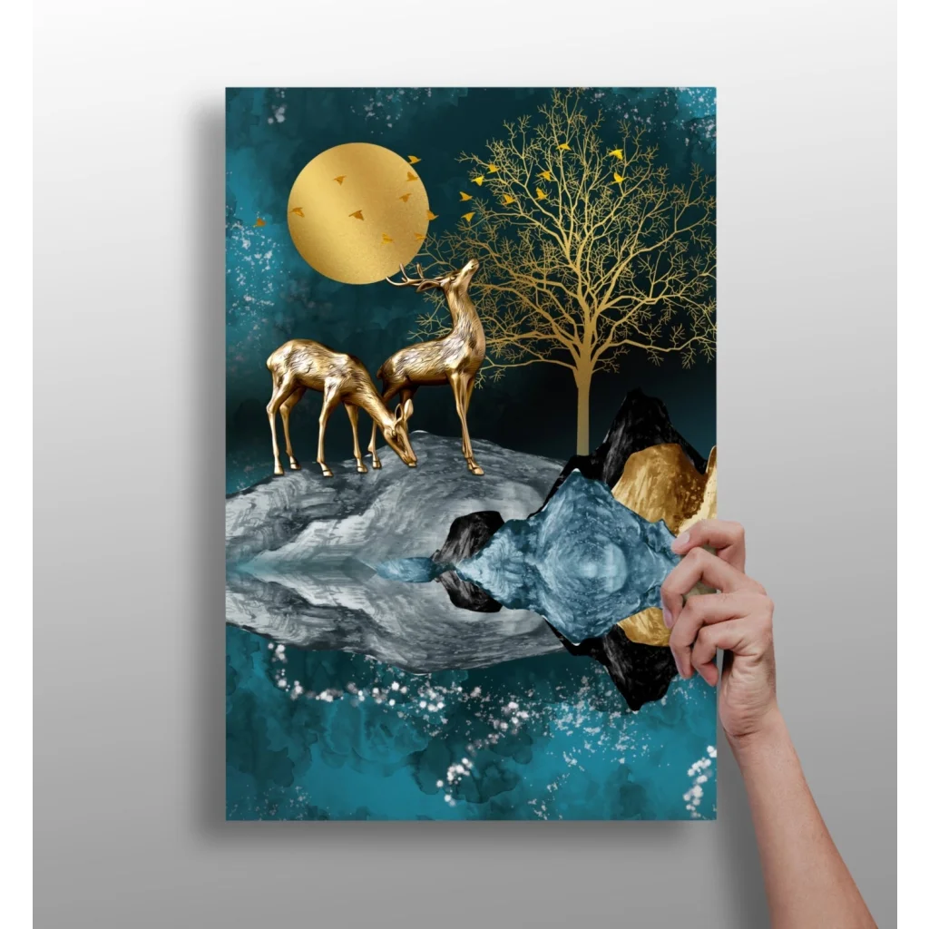 Golden Deer Moonlight Insigne Aluminum Print on teal background