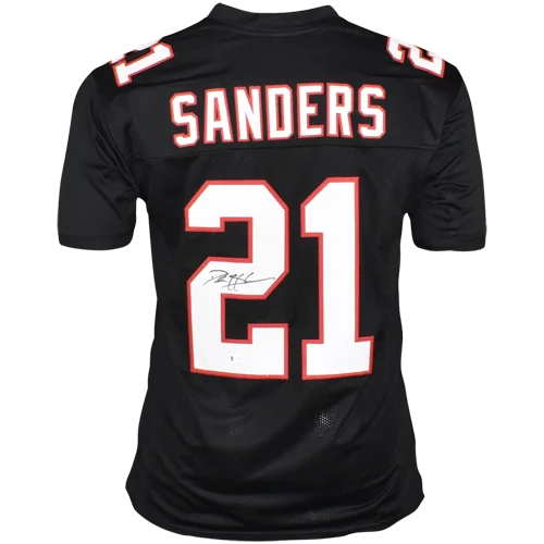 Deion Sanders autographed Atlanta jersey with Sanders name on black and white design