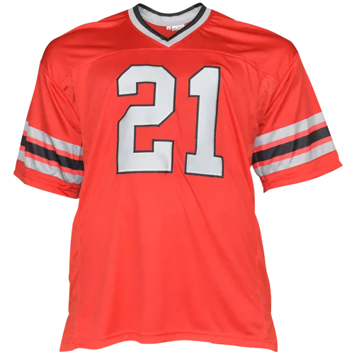 Deion Sanders autographed Atlanta red #21 jersey with striped sleeves
