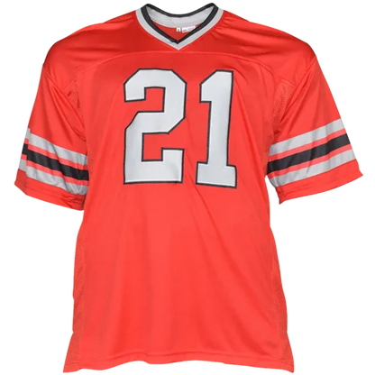 Deion Sanders autographed Atlanta red #21 jersey with striped sleeves