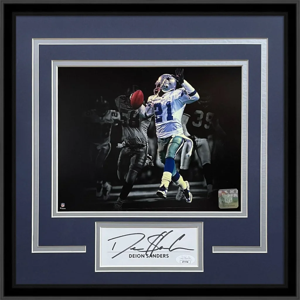 Deion Sanders autographed Dallas Cowboys framed sports photo with JSA plaque