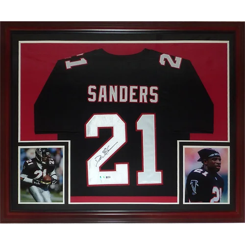 Deion Sanders signed Atlanta Falcons jersey in black frame