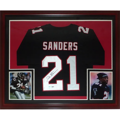 Deion Sanders signed Atlanta Falcons jersey in black frame