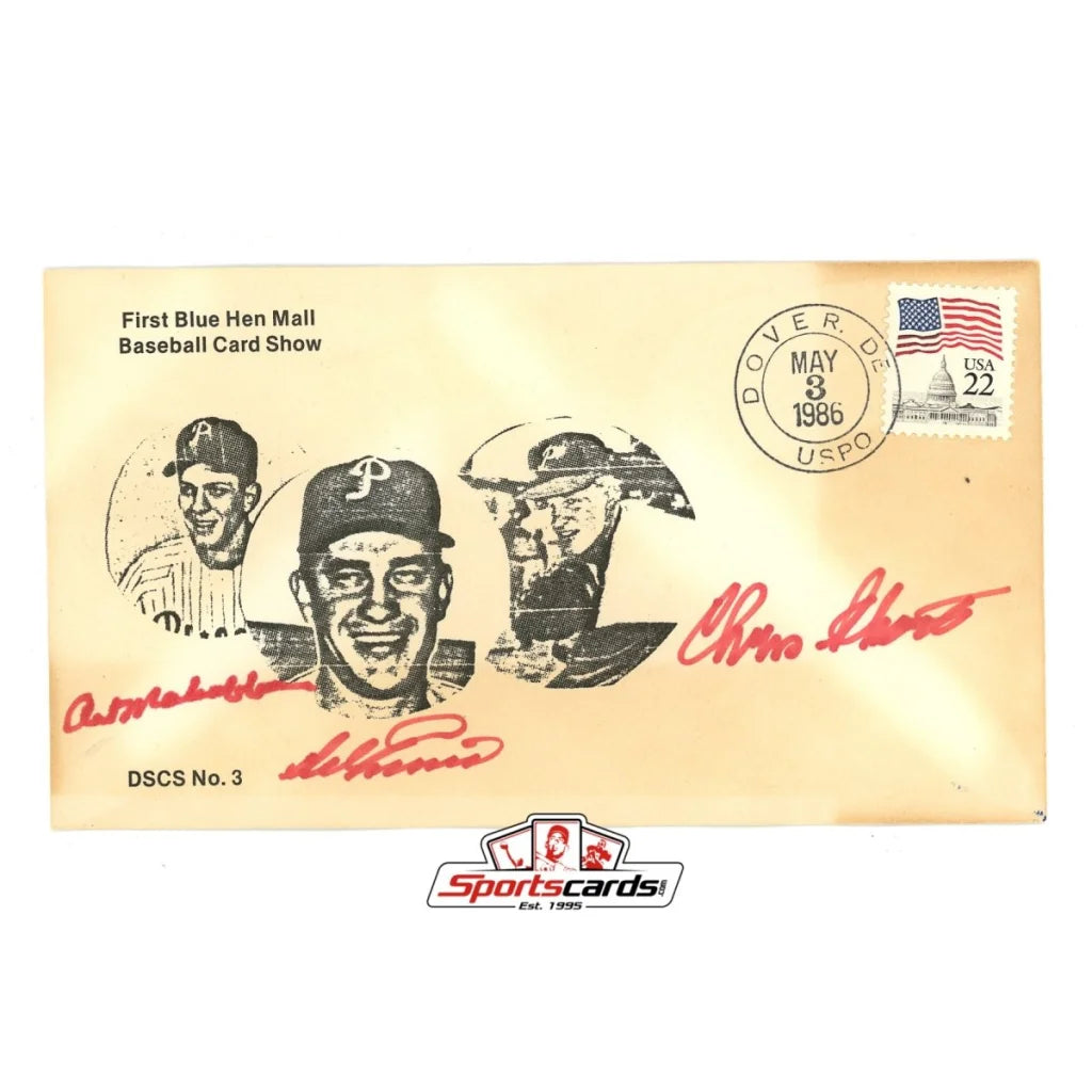 Vintage Del Ennis and Art Mahaffey autographed envelope with baseball art