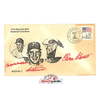 Vintage Del Ennis and Art Mahaffey autographed envelope with baseball art