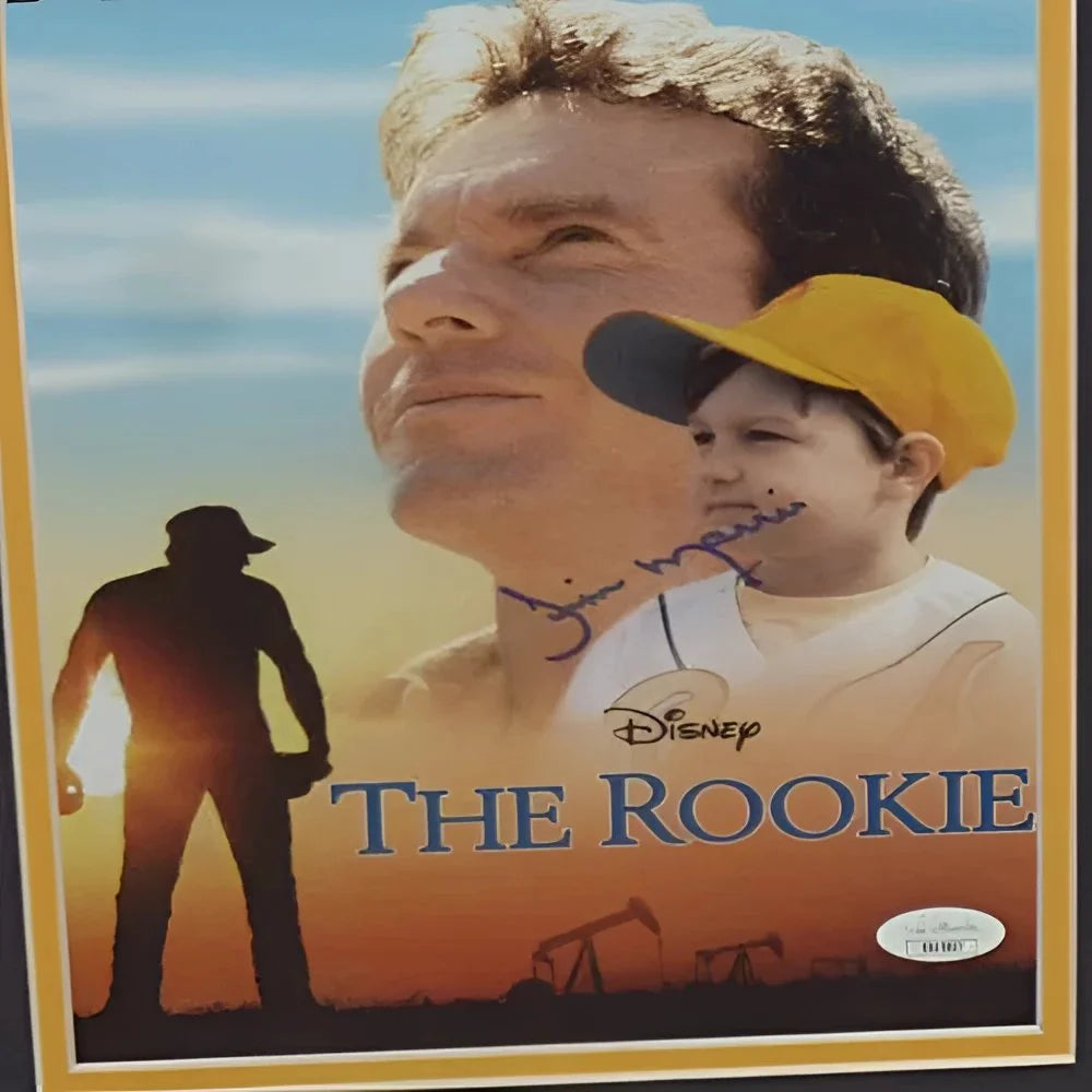 Deluxe framed 8x10 Jim Morris autographed rookie photo with Rookie poster scene