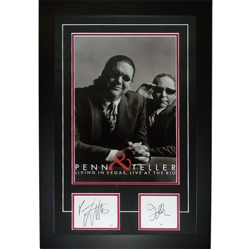 Deluxe framed Penn and Teller autographed poster in black frame with red accents