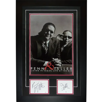 Deluxe framed Penn and Teller autographed poster in black frame with red accents