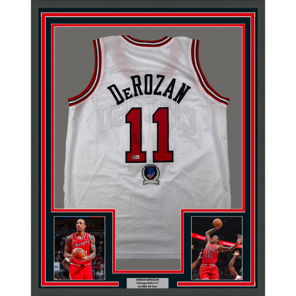 Framed DeMar DeRozan Chicago Bulls #11 jersey with player photos and plaque for wall decor