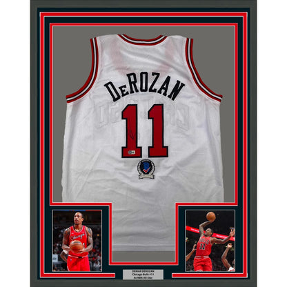 Framed DeMar DeRozan Chicago Bulls #11 jersey with player photos and plaque for wall decor