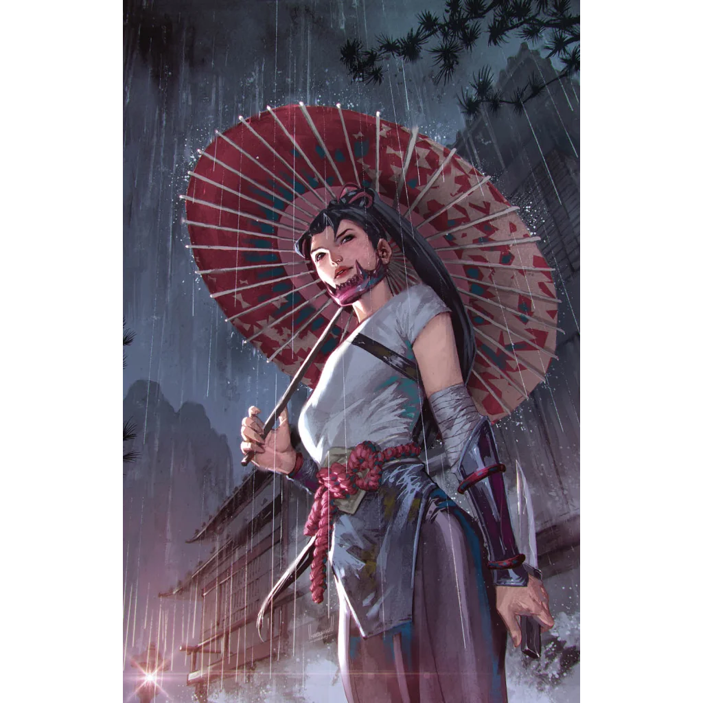 Woman in traditional attire holding a red and white umbrella in the rain for Demon Days Mariko cover