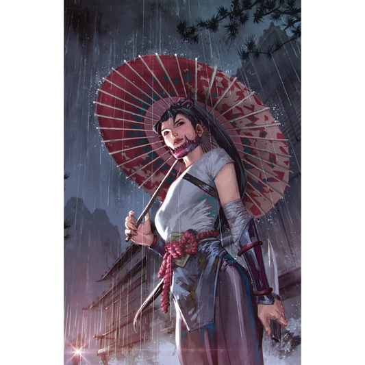 Woman in traditional attire holding a red and white umbrella in the rain for Demon Days Mariko cover