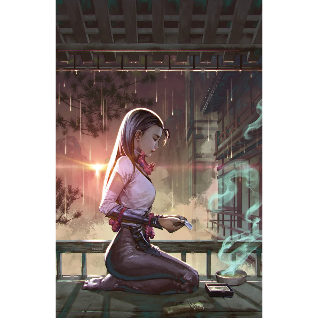 Woman kneeling in traditional attire for Demon Days Mariko comic at Kirisaki Mountain