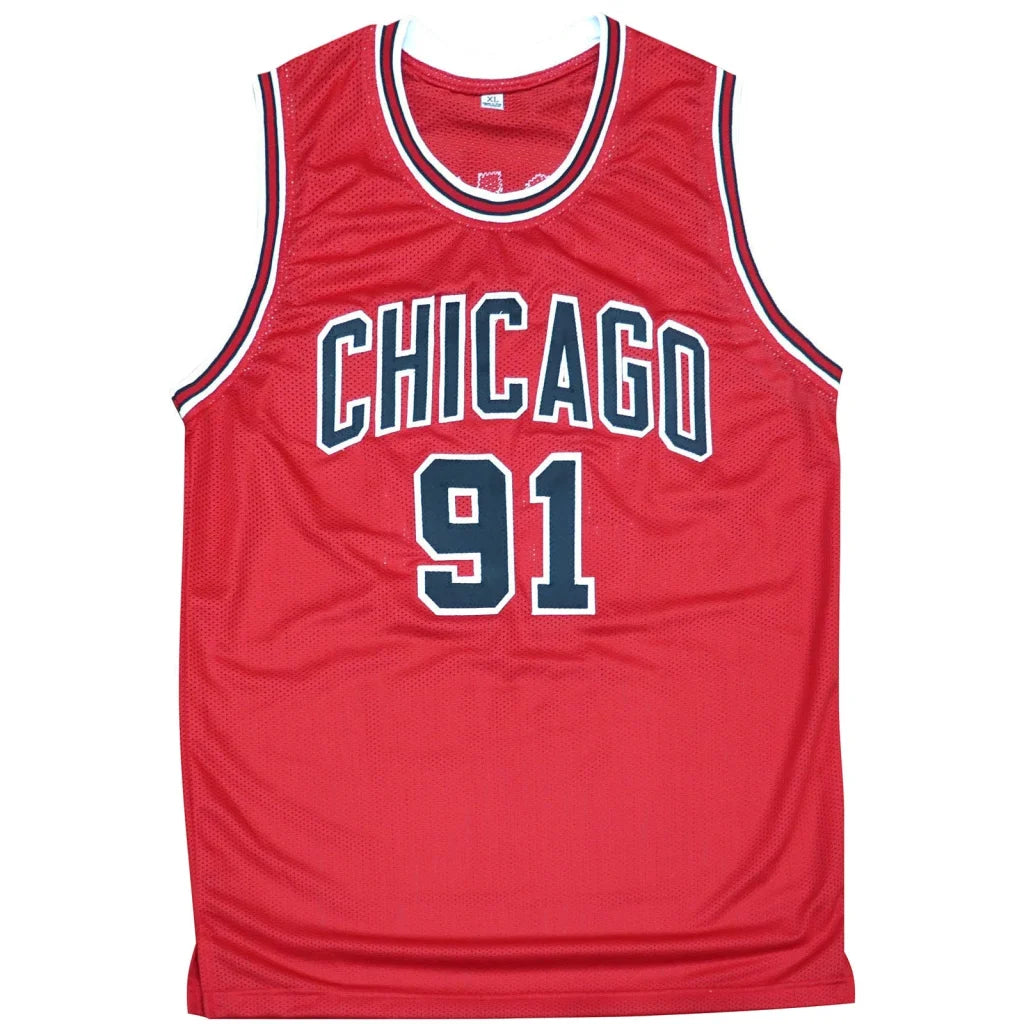 Autographed Chicago Bulls red #91 Dennis Rodman jersey JSA
