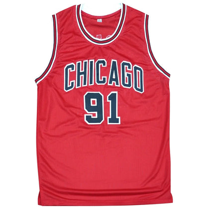 Autographed Chicago Bulls red #91 Dennis Rodman jersey JSA