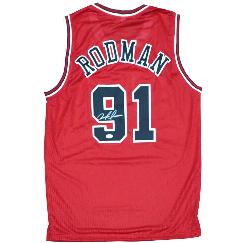 Autographed Chicago Bulls red mesh jersey back Rodman 91 JSA