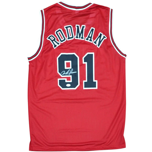 Autographed Chicago Bulls red mesh jersey back Rodman 91 JSA