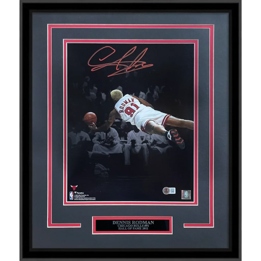 Framed 11x14 photo of Dennis Rodman in Chicago Bulls jersey, autographed