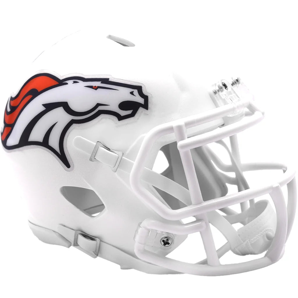 White Denver Broncos alternate speed mini helmet with orange and blue accents by Riddell