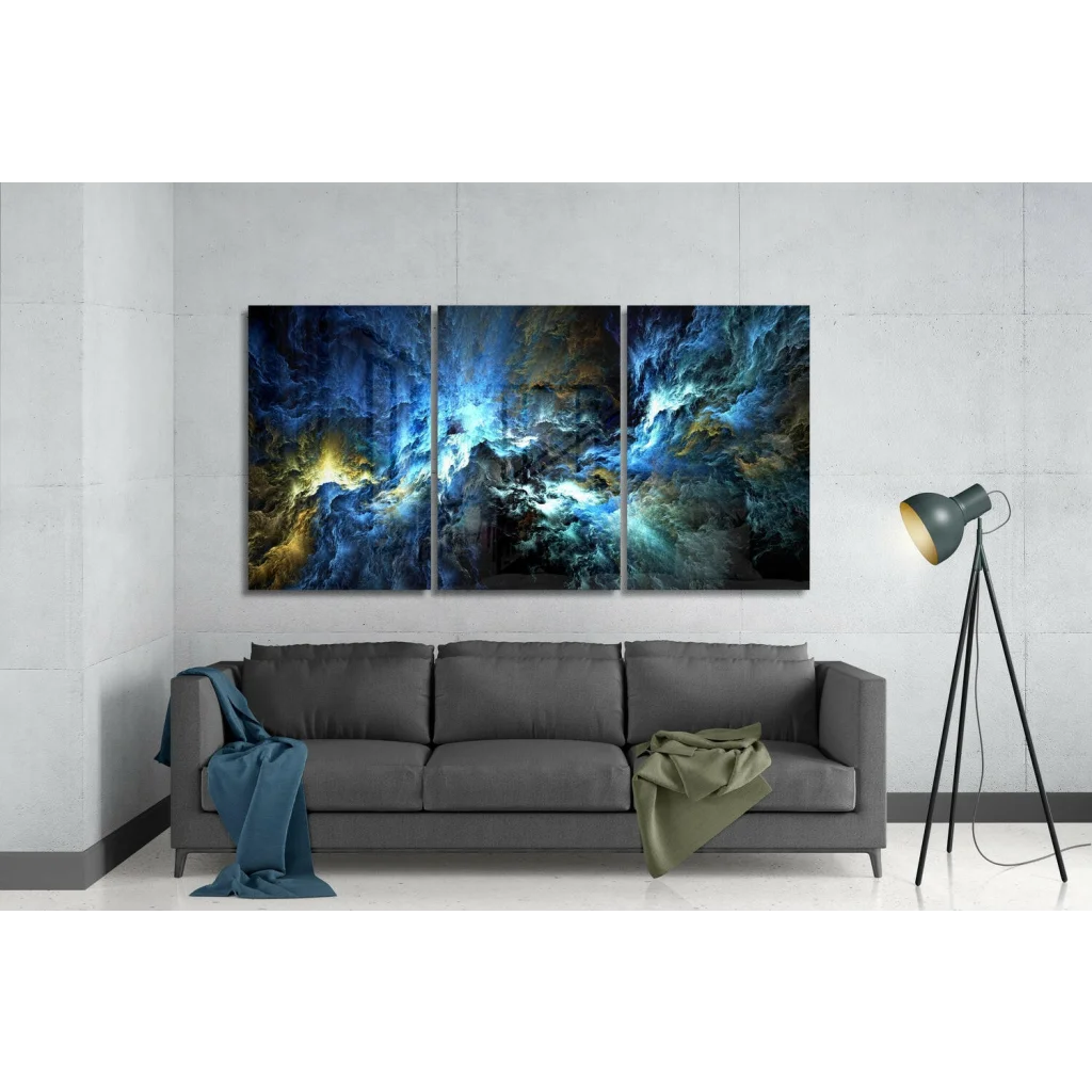 Three-panel cosmic nebula glass wall art in swirling blues, teals, golds