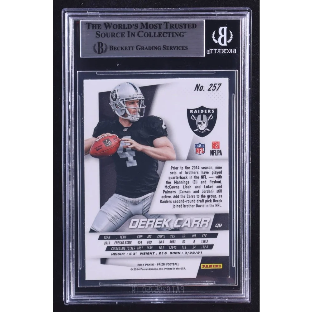 Derek Carr rookie card with graded Derek Carr signed 2014 Panini Prizm Gem