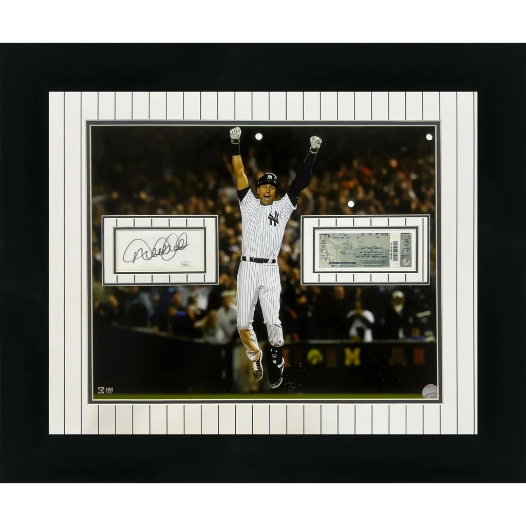 Black-framed derek jeter autographed final game jumping new york yankees floating mat photo piece with ticket
