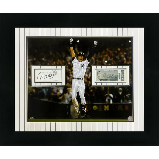 Black-framed derek jeter autographed final game jumping new york yankees floating mat photo piece with ticket