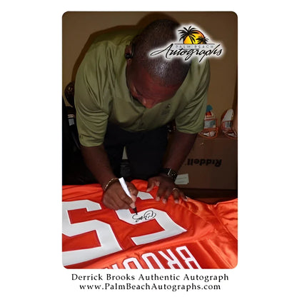 Back of Derrick Brooks autographed Tampa Bay orange throwback custom jersey #53 Brooks